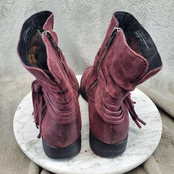Born Shoes Womens Size 8.5 Burgundy Red Suede Cross Fringe Zip Boots - Picture 8 of 11